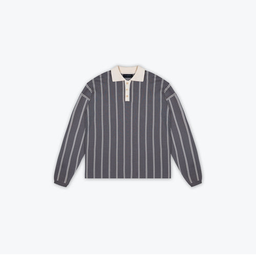 KNIT STRIPE COLLAR LONG SLEEVE SHIRT - CHARCOAL GREY