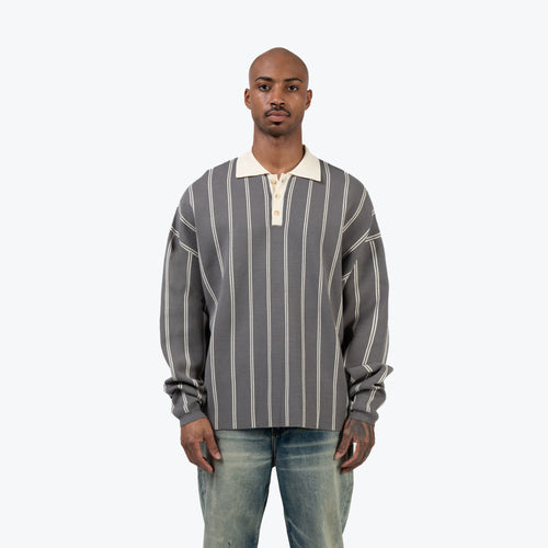 KNIT STRIPE COLLAR LONG SLEEVE SHIRT - CHARCOAL GREY