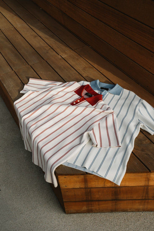 KNIT STRIPE COLLAR SS SHIRT - DEEP RED