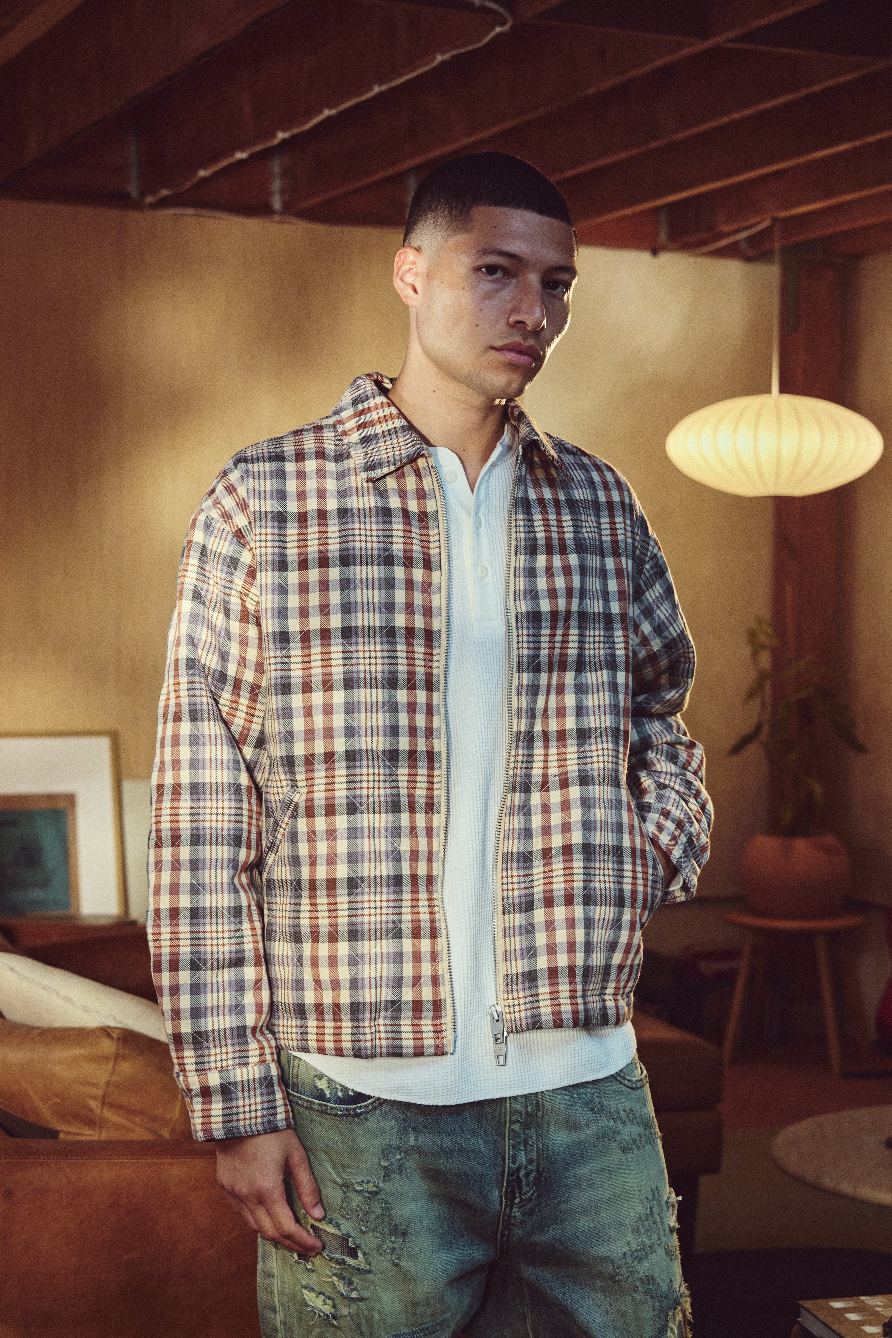 QUILTED ZIP FLANNEL - GREY/BRICK