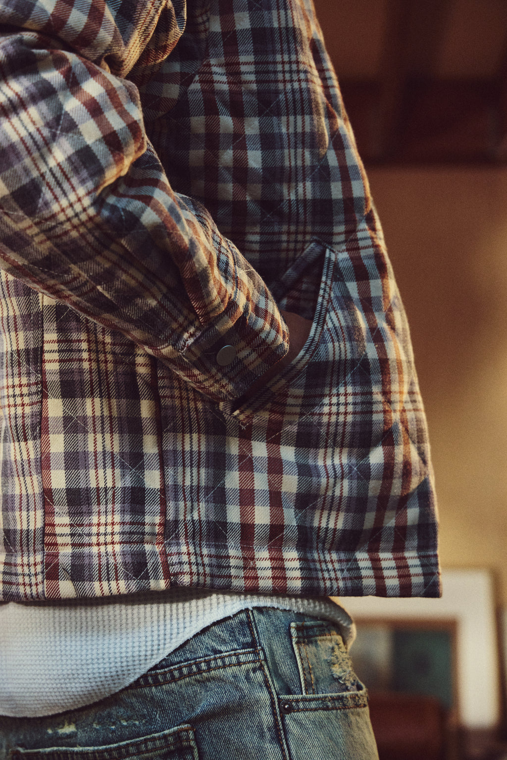 QUILTED ZIP FLANNEL - GREY/BRICK