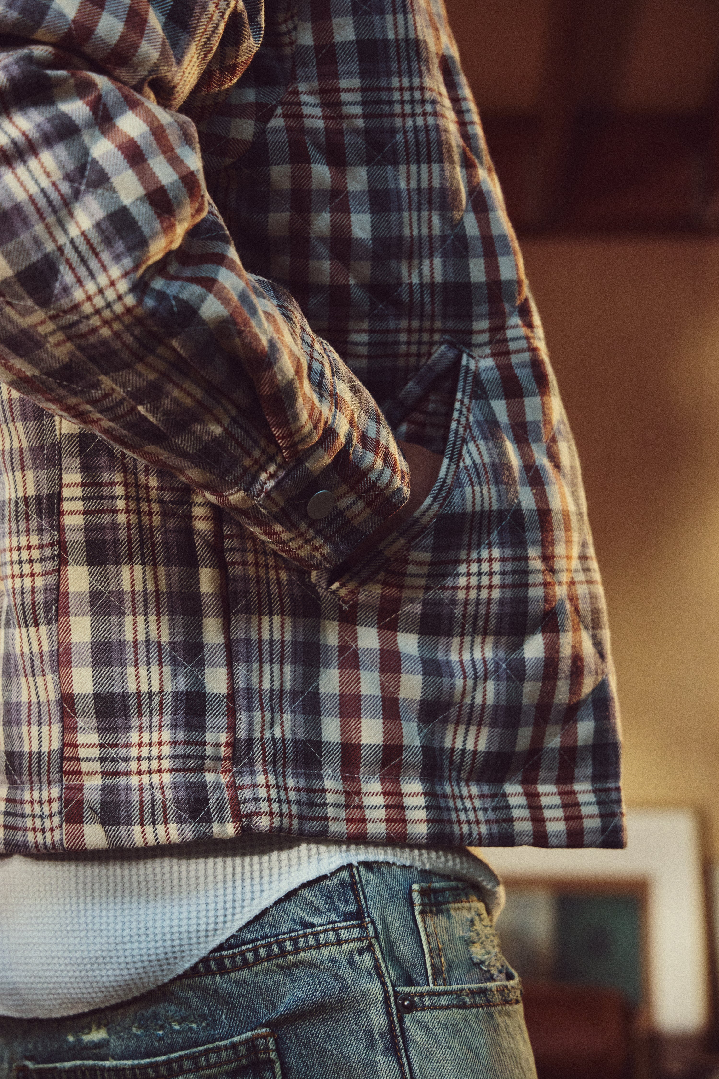 QUILTED ZIP FLANNEL - GREY/BRICK