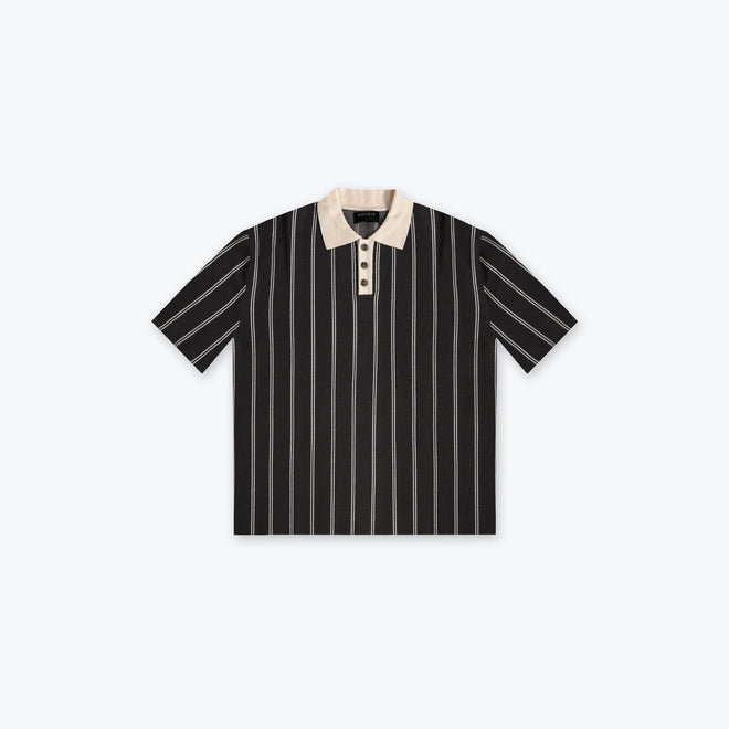 KNITTED STRIPE SHORT SLEEVE SHIRT - CHARCOAL