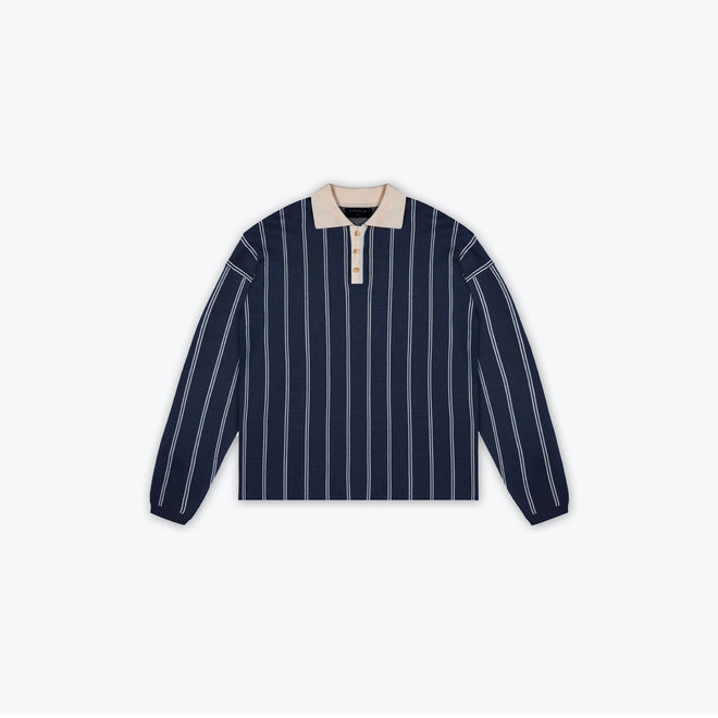 KNIT STRIPE COLLAR LONG SLEEVE SHIRT - NAVY