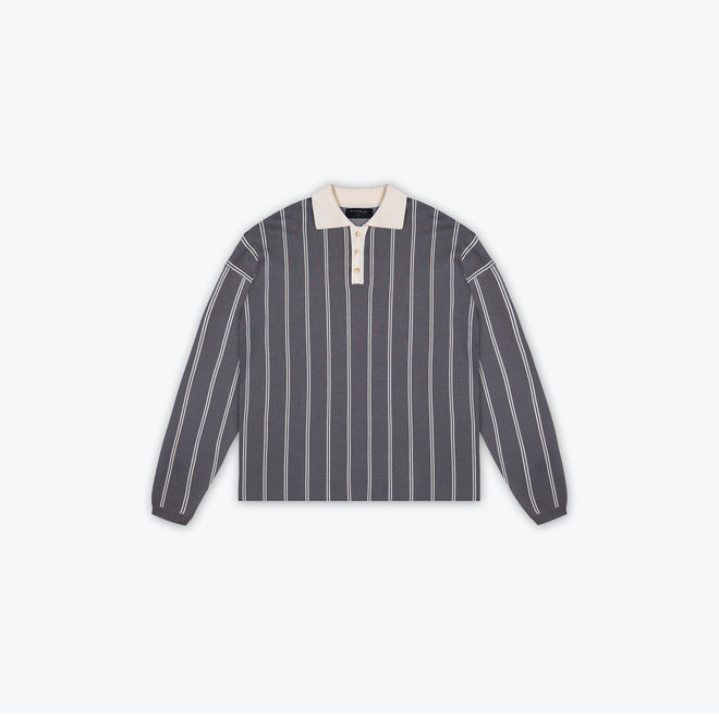 KNIT STRIPE COLLAR LONG SLEEVE SHIRT - CHARCOAL GREY