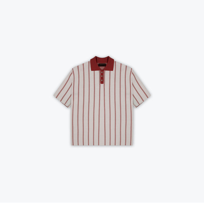 KNIT STRIPE COLLAR SS SHIRT - DEEP RED