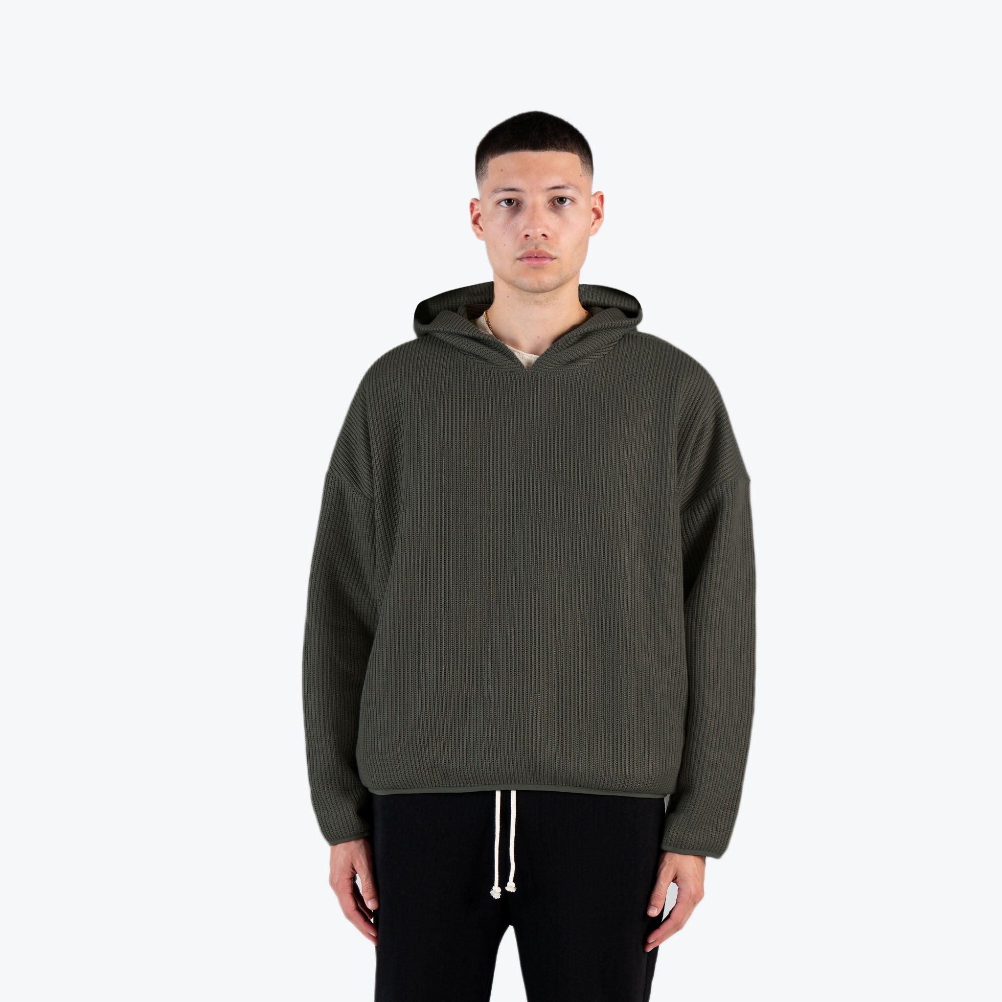 PREMIUM CABLE KNIT HOODIE - DEEP OLIVE – RICHIE LE COLLECTION