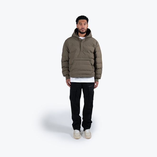 HOODED PUFFED PULLOVER - OLIVE