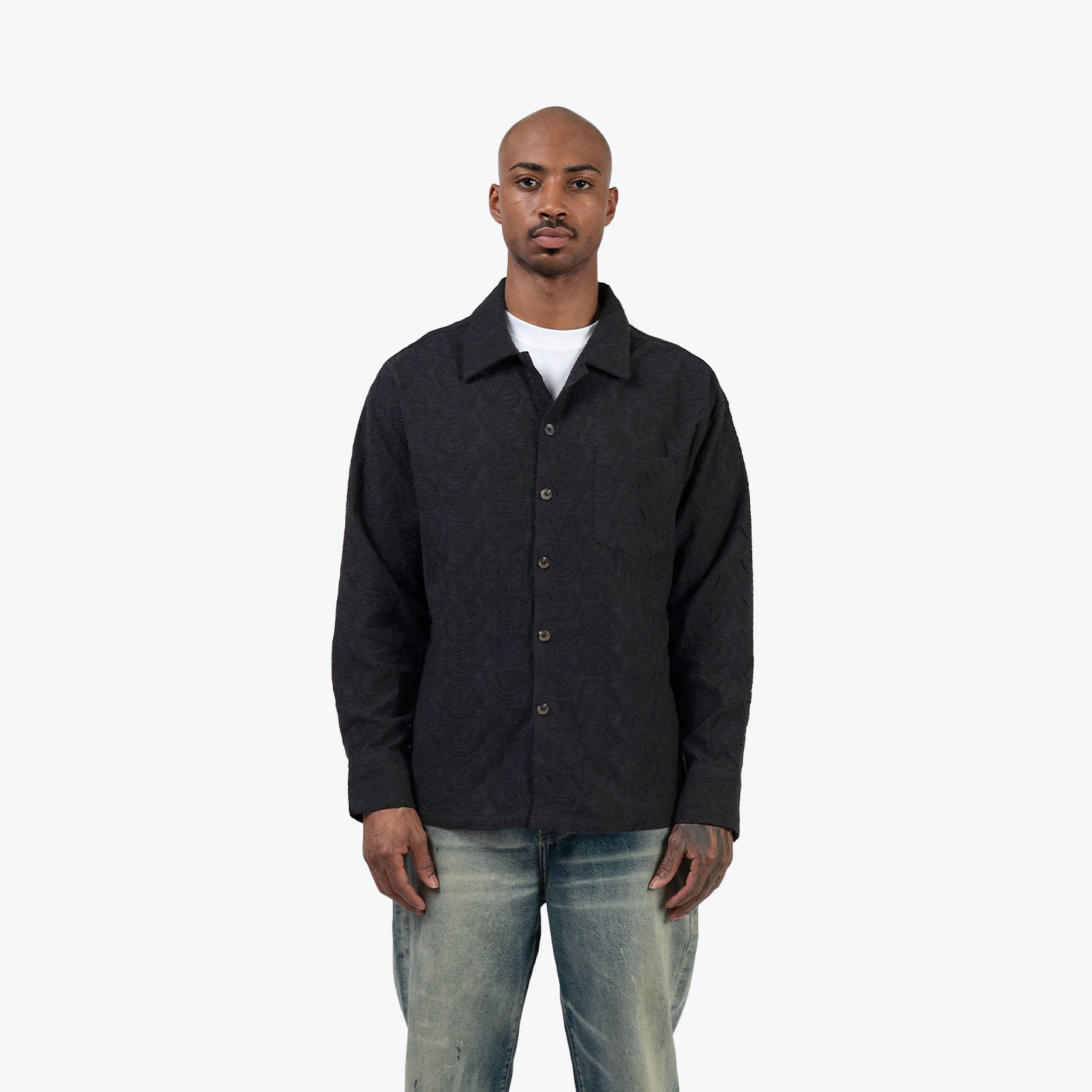 PAISLEY KNIT BUTTON UP - BLACK NOIR