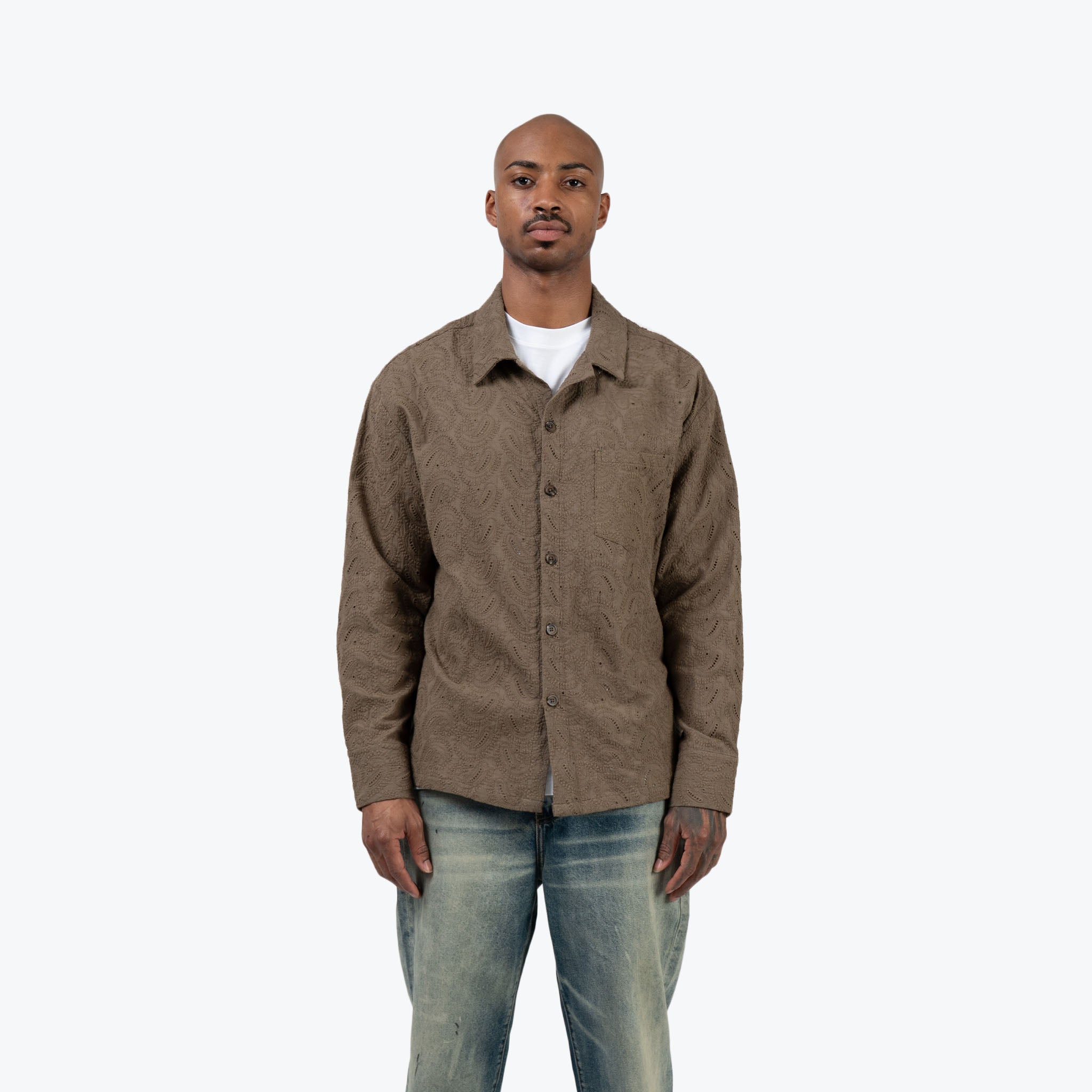 PAISLEY KNIT BUTTON UP - OLIVE