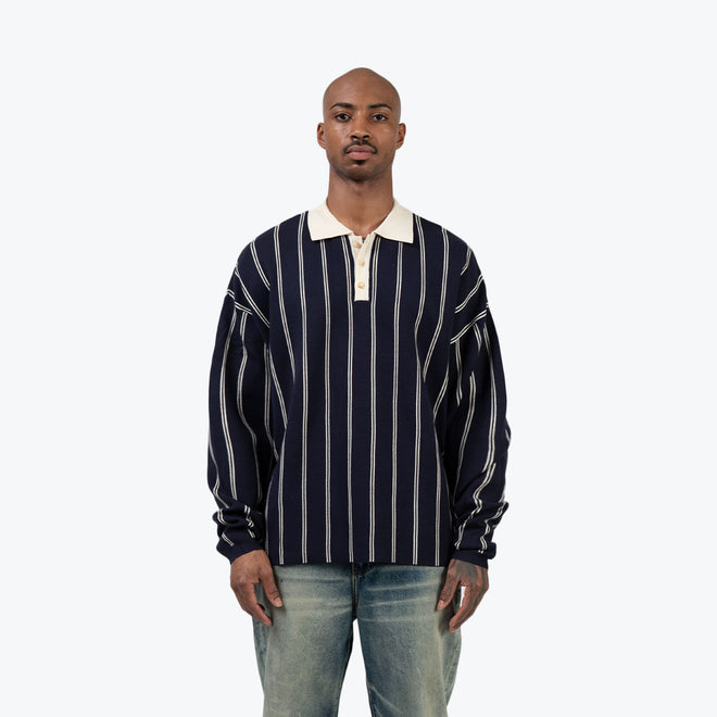 KNIT STRIPE COLLAR LONG SLEEVE SHIRT - NAVY