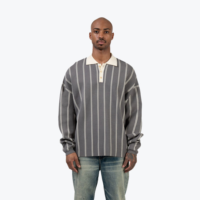 KNIT STRIPE COLLAR LONG SLEEVE SHIRT - CHARCOAL GREY