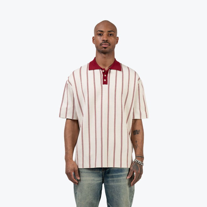 KNIT STRIPE COLLAR SS SHIRT - DEEP RED