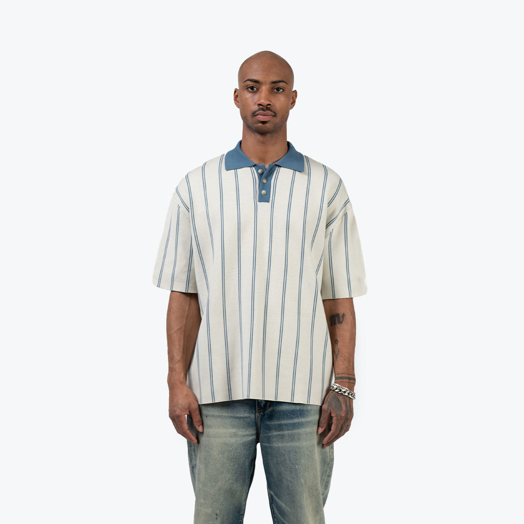 KNIT STRIPE COLLAR SS SHIRT - CHALK BLUE