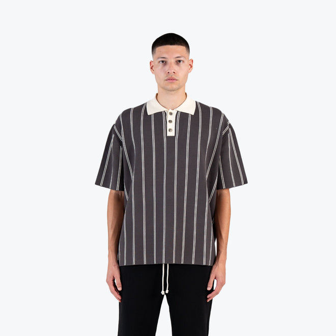 KNITTED STRIPE SHORT SLEEVE SHIRT - CHARCOAL