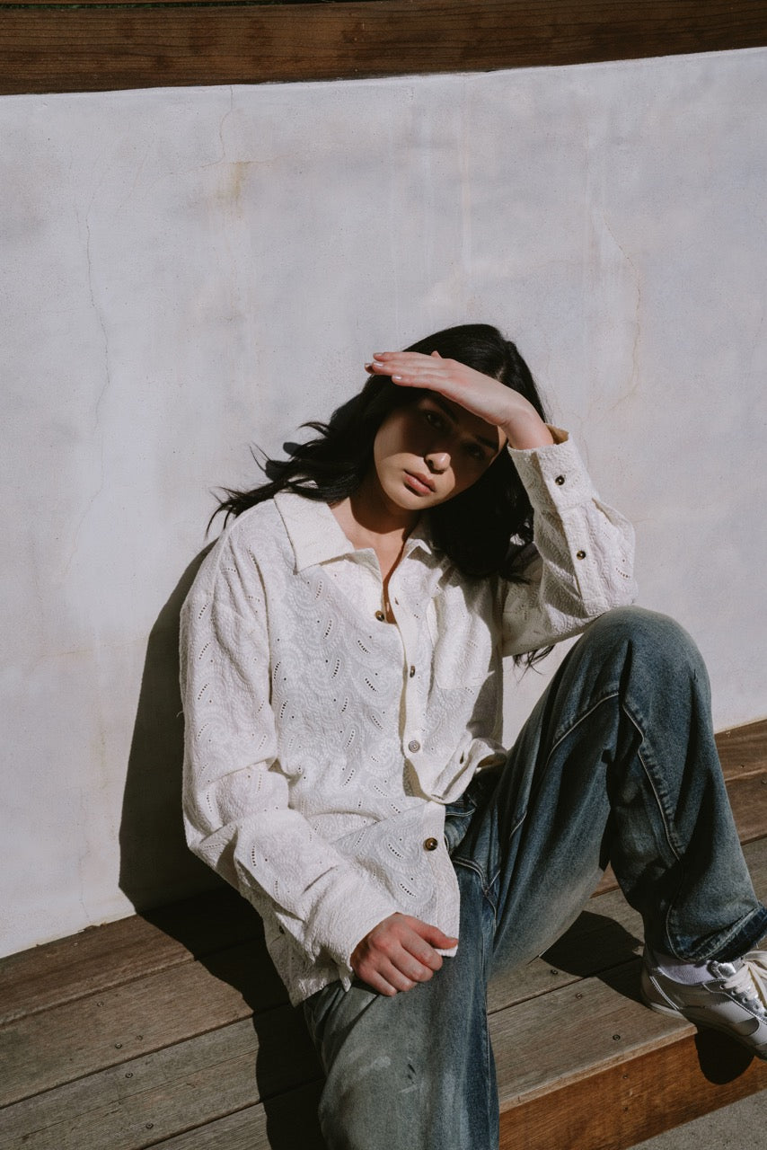 PAISLEY KNIT BUTTON UP - SAND