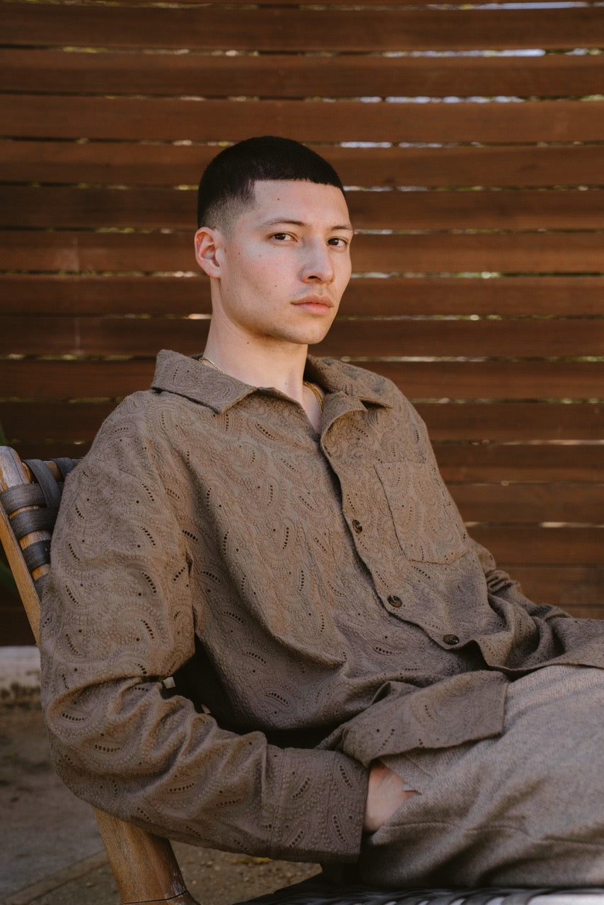 PAISLEY KNIT BUTTON UP - OLIVE