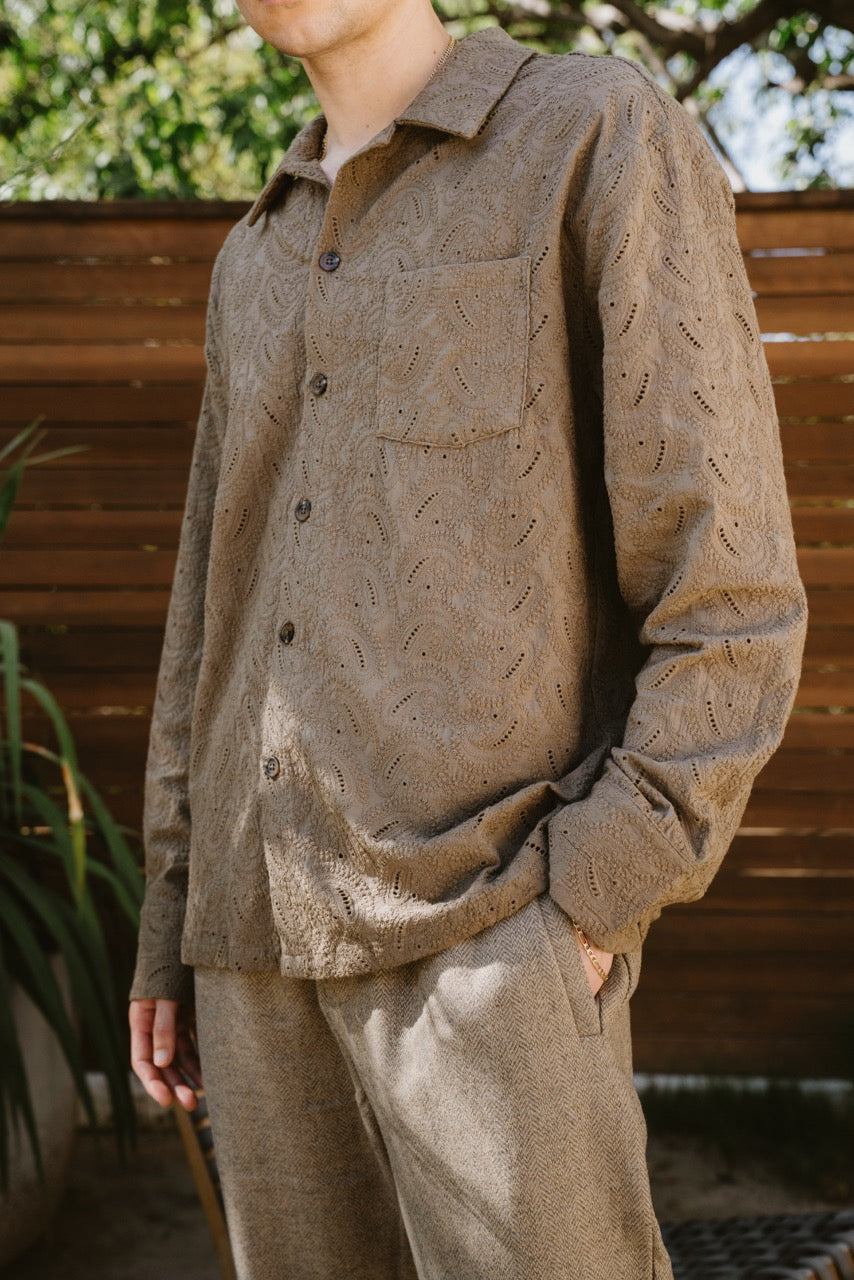 PAISLEY KNIT BUTTON UP - OLIVE