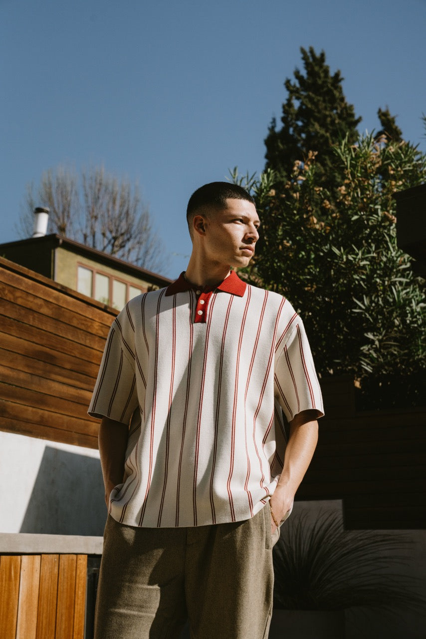 KNIT STRIPE COLLAR SS SHIRT - DEEP RED
