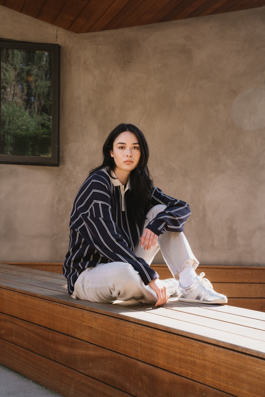 KNIT STRIPE COLLAR LONG SLEEVE SHIRT - NAVY