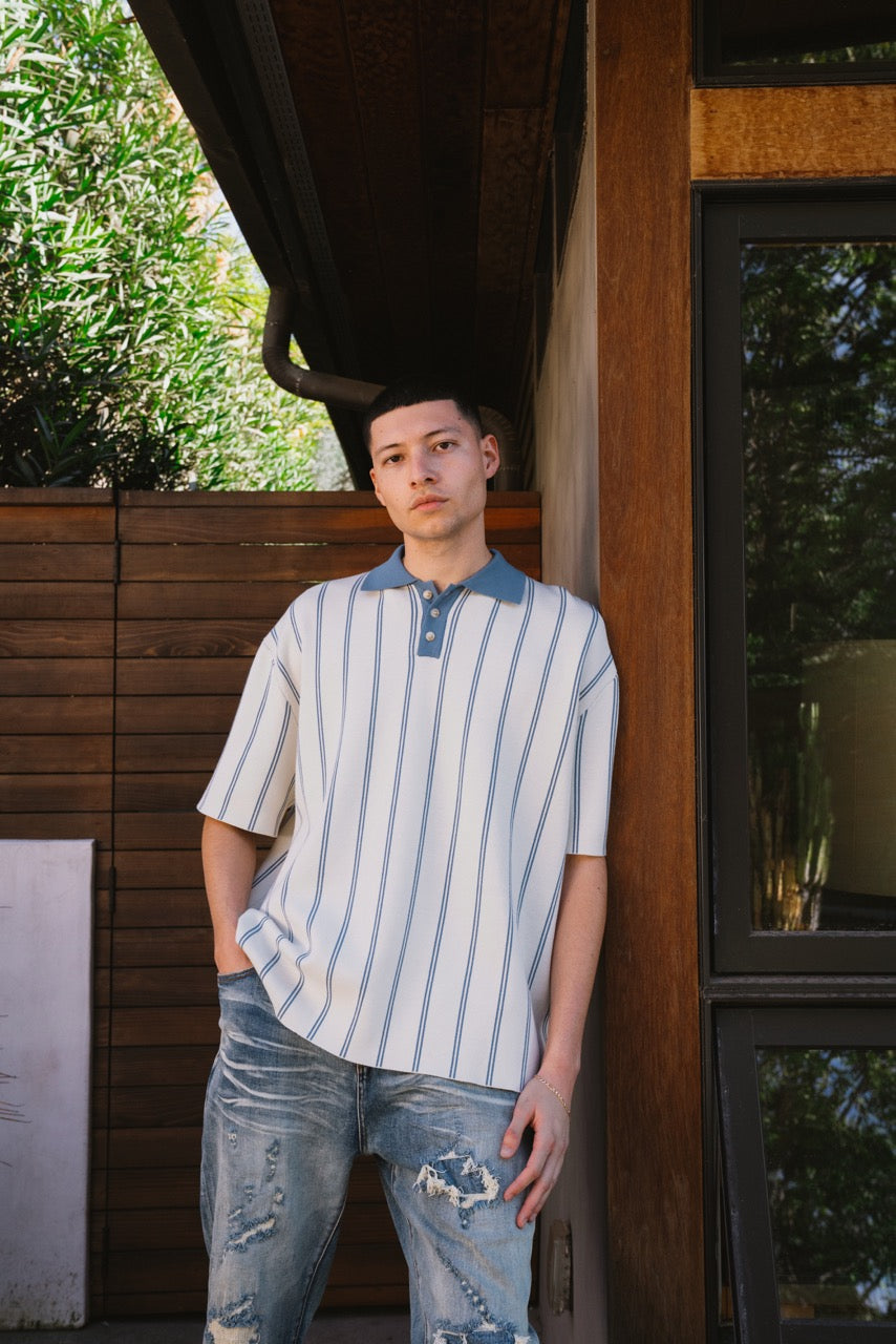 KNIT STRIPE COLLAR SS SHIRT - CHALK BLUE