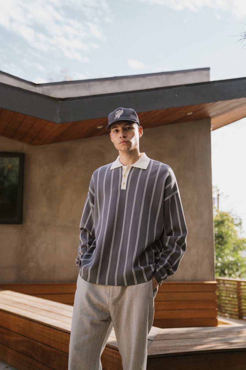 KNIT STRIPE COLLAR LONG SLEEVE SHIRT - CHARCOAL GREY