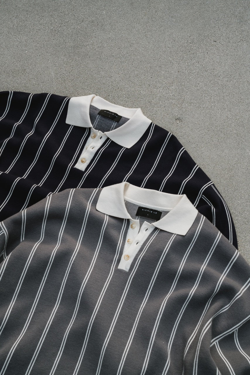 KNIT STRIPE COLLAR LONG SLEEVE SHIRT - NAVY